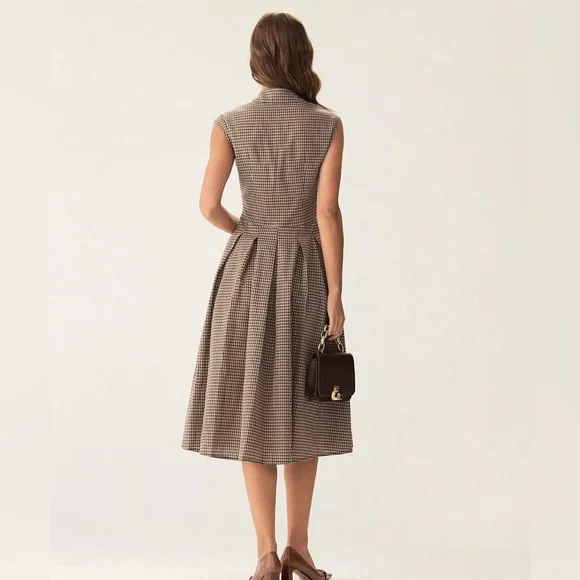 Rihoas Brown Plaid Button Pleated Midi Dress NWT - Picture 5 of 8